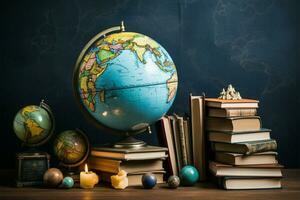 composition avec une globe et une vibrant collection de livres ai généré photo