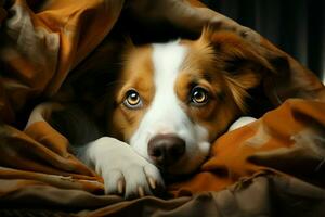 marron et blanc chien s'incline, cocon par doux couvre-lit ai généré photo