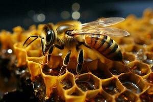 proche en haut révèle industrieux les abeilles artisanat mon chéri cellules, une merveille de ruche productivité ai généré photo