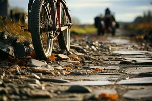 une randonnée et bicyclette perturbé sélectif concentrer sur plat pneu, au bord du sentier aventure défi ai généré photo