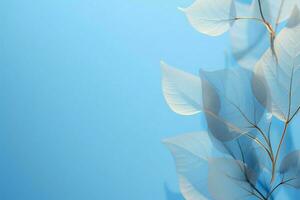 squelette comme feuilles et subtil pâle bleu teintes sur artistique bleu toile de fond ai généré photo