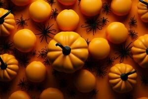 citrouilles prendre centre étape dans le Haut vers le bas vue de Halloween ai généré photo