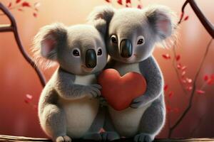 l'amour rayonne de 3d rendu koala couple, cœurs symboliser leur liaison ai généré photo