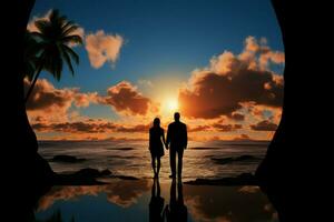 le coucher du soleil paumes Cadre une des couples silhouette, une moment de unité ai généré photo