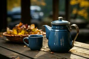 site de camp tranquillité une bleu café pot et agresser attendre utilisation ai généré photo