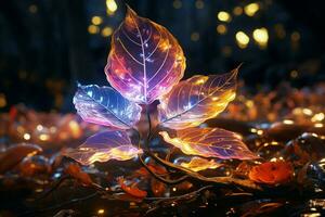 lumineux nature, feuilles encerclé par néon lumières forme un électrisant et captivant toile de fond ai généré photo