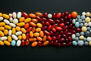 assorti vibrant pilules sur rouge toile de fond, avec espace pour texte des médicaments la diversité présenté ai généré photo