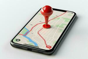 téléphone intelligent écran modèle avec rouge GPS broche, rendu dans 3d ai généré photo