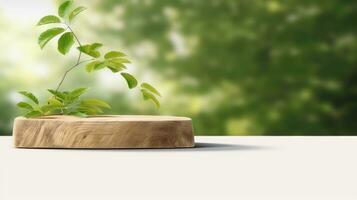 en bois produit afficher podium pour cosmétique produit avec vert la nature jardin Contexte photo