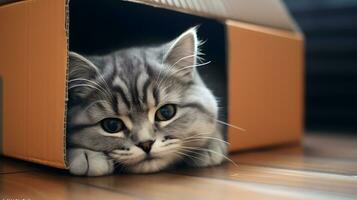 mignonne tigré chat mensonge dans une papier carton boîte sur le sol photo