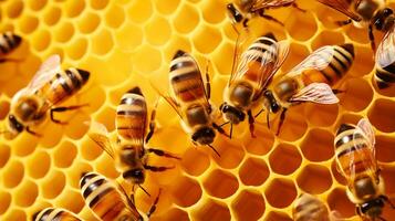 Vue rapprochée des abeilles qui travaillent sur les alvéoles photo