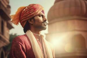 Indien homme traditionnel tissu lumière. produire ai photo