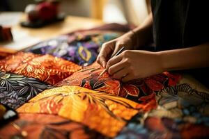 main tiré motifs sur batik en tissu mettant en valeur artisanal la créativité et savoir-faire photo