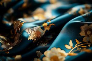 macro coups révélateur élégant brocart motifs sur luxueux soie textiles photo