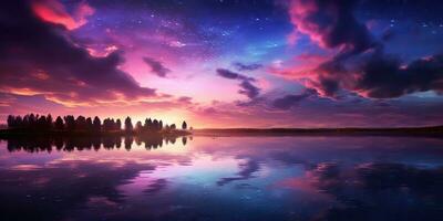ai généré. ai génératif. violet rose Couleur le coucher du soleil soir la nature Extérieur Lac avec montagnes paysage Contexte. graphique art photo