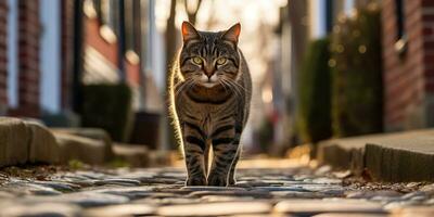 ai généré. ai génératif. un solitaire chat animal de compagnie en marchant rue ville Urbain Contexte. graphique art photo