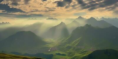 ai généré. ai génératif. Soleil ligh des rayons de le pourrait sur vert montagnes. Extérieur la nature aventure paysage Contexte. graphique art photo