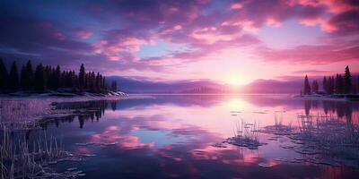 ai généré. ai génératif. violet rose Couleur le coucher du soleil soir la nature Extérieur Lac avec montagnes paysage Contexte. graphique art photo