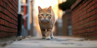 ai généré. ai génératif. un solitaire chat animal de compagnie en marchant rue ville Urbain Contexte. graphique art photo