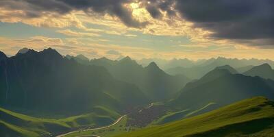 ai généré. ai génératif. Soleil ligh des rayons de le pourrait sur vert montagnes. Extérieur la nature aventure paysage Contexte. graphique art photo