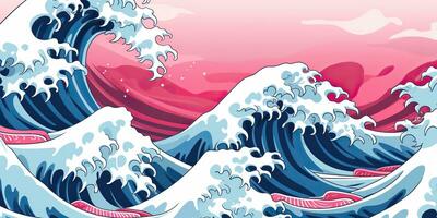 ai généré. ai génératif.vintage rétro vieux style tiré peindre mer océan rivière l'eau vagues dans minimal Japonais style. Marin et nautique illustration. graphique art photo