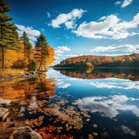 serein Lac reflétant coloré l'automne des arbres photo