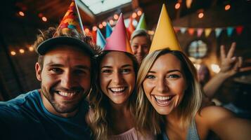 copains prise une selfie avec fête Chapeaux photo