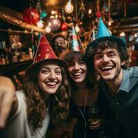 copains prise une selfie avec fête Chapeaux photo