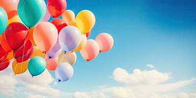 ai généré. ai génératif. beaucoup hélium des ballons des balles dans le bleu ciel en volant Contexte. graphique art photo