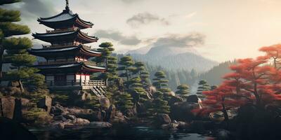 ai généré. ai génératif. traditionnel histoire asiatique Japonais chinois temple bâtiment la tour jardin la nature Extérieur Contexte. graphique art photo