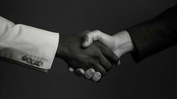 poignée de main fermer. noir et blanc illustration de le poignée de main de deux les hommes d'affaires. photo