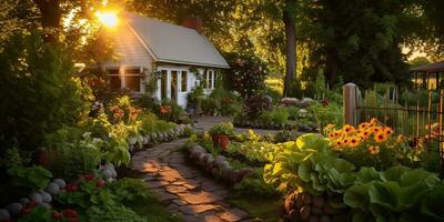 ai généré. ai génératif. la nature Extérieur extérieur maison jardin avec confortable table avec beaucoup les plantes fleurs. graphique art photo