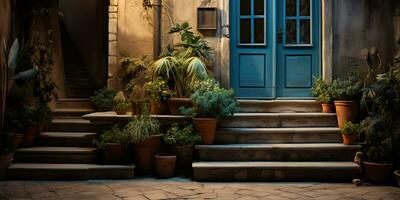 ai généré. ai génératif. vieux rétro ancien rue marcher dans L'Europe  village petit ville campagne décoration avec les plantes. graphique art photo