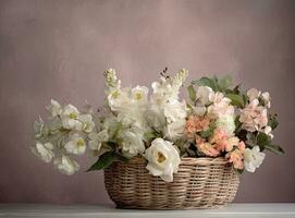 magnifique paille sac avec saisonnier fleurs de jacinthe et œillet fleurir. établi avec génératif ai technologie. photo