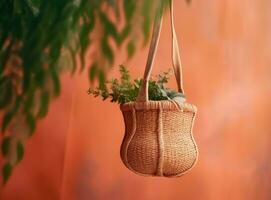 Naturel en bois manteau crochets, mur cintre crochet avec en tissu sac, tissé sac et ukulélé sur le blanc mur dans faible lumière Contexte. établi avec génératif ai La technologie photo