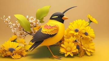 vivement distrait, une 3d stylé coloré illustration image avec des oiseaux et fleurs. ai généré photo