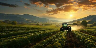 ai généré. ai génératif. tracteur combiner machine sur champ Prairie récolte agriculture campagne la nature Extérieur. graphique art photo