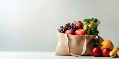 ai généré. ai génératif. Frais biologique des fruits et des légumes dans blanc fourre-tout éco sac. biologique en bonne santé boutique promotion. graphique art photo