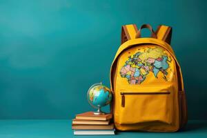 école sac à dos avec livres et globe sur Couleur Contexte. retour à école concept, retour à école concept. sac à dos avec école fournitures. Haut voir, ai généré photo