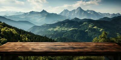 ai généré. ai génératif. en bois table la nature Extérieur forêt Montagne la nature paysage Contexte. graphique art photo