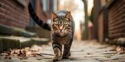 ai généré. ai génératif. un solitaire chat animal de compagnie en marchant rue ville Urbain Contexte. graphique art photo