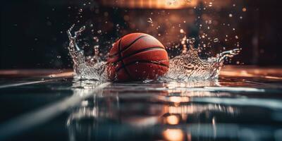 génératif ai, basketball Balle sur le tribunal avec l'eau éclaboussure et lumière du soleil, fermer photo