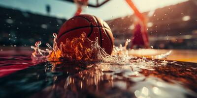 génératif ai, basketball Balle sur le tribunal avec l'eau éclaboussure et lumière du soleil, fermer photo