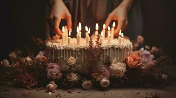 génératif ai, anniversaire magnifique gâteau avec fleurs et bougies, esthétique en sourdine couleurs photo