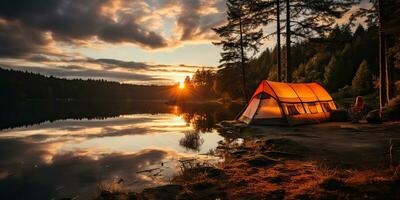 ai généré. ai génératif. camping relaxation temps tente à Lac magnifique paysage Contexte. aventure vacances rafting temps. graphique art photo