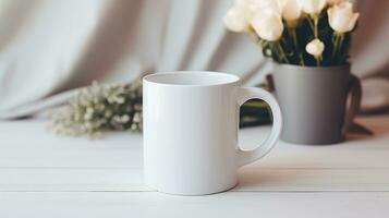 génératif ai, blanc céramique tasse installer dans à Accueil intérieur, agresser moquer en haut blanc, en sourdine neutre couleurs. photo