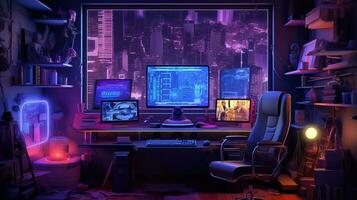 génératif ai, ordinateur sur le table dans cyberpunk style, nostalgique années 80, années 90. néon nuit lumières vibrant couleurs, photoréaliste horizontal illustration de le futuriste intérieur. La technologie concept. photo