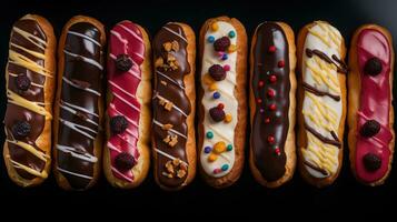 génératif ai, assortiment de éclairs, Haut voir, sucré aliments. traditionnel français dessert photo