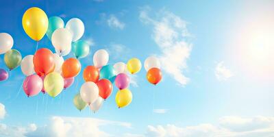 ai généré. ai génératif. beaucoup hélium des ballons des balles dans le bleu ciel en volant Contexte. graphique art photo