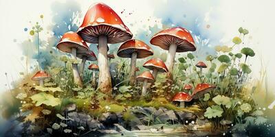 ai généré. ai génératif. dessiner peindre aquarelle esquisser champignons décoration Contexte Toile peindre. graphique art photo